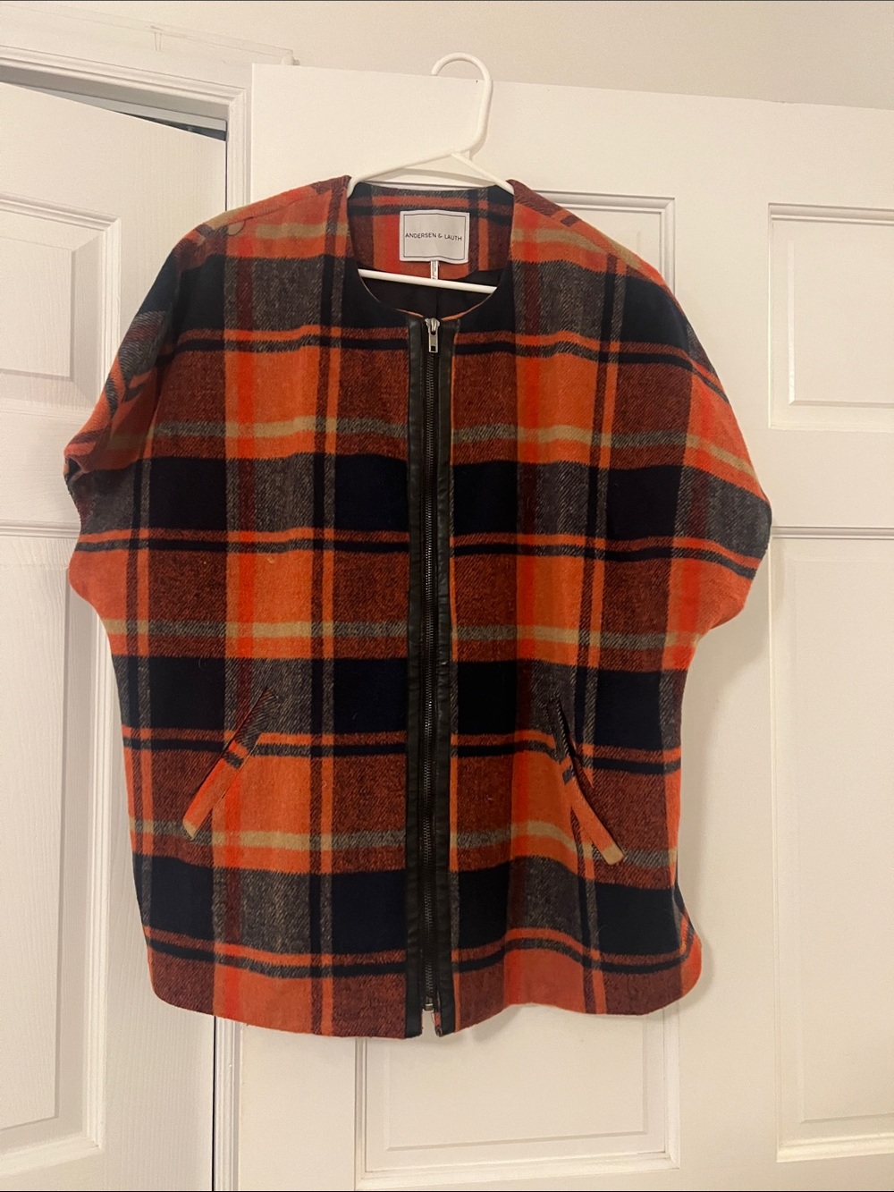 Anthropologie Orange & Navy Plaid Zip-Front Cape Jacket